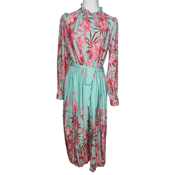 Floral Print Maxi Dress Ruffle Neck Long Sleeve Belted Aqua Pink Size M - Picture 1 of 7